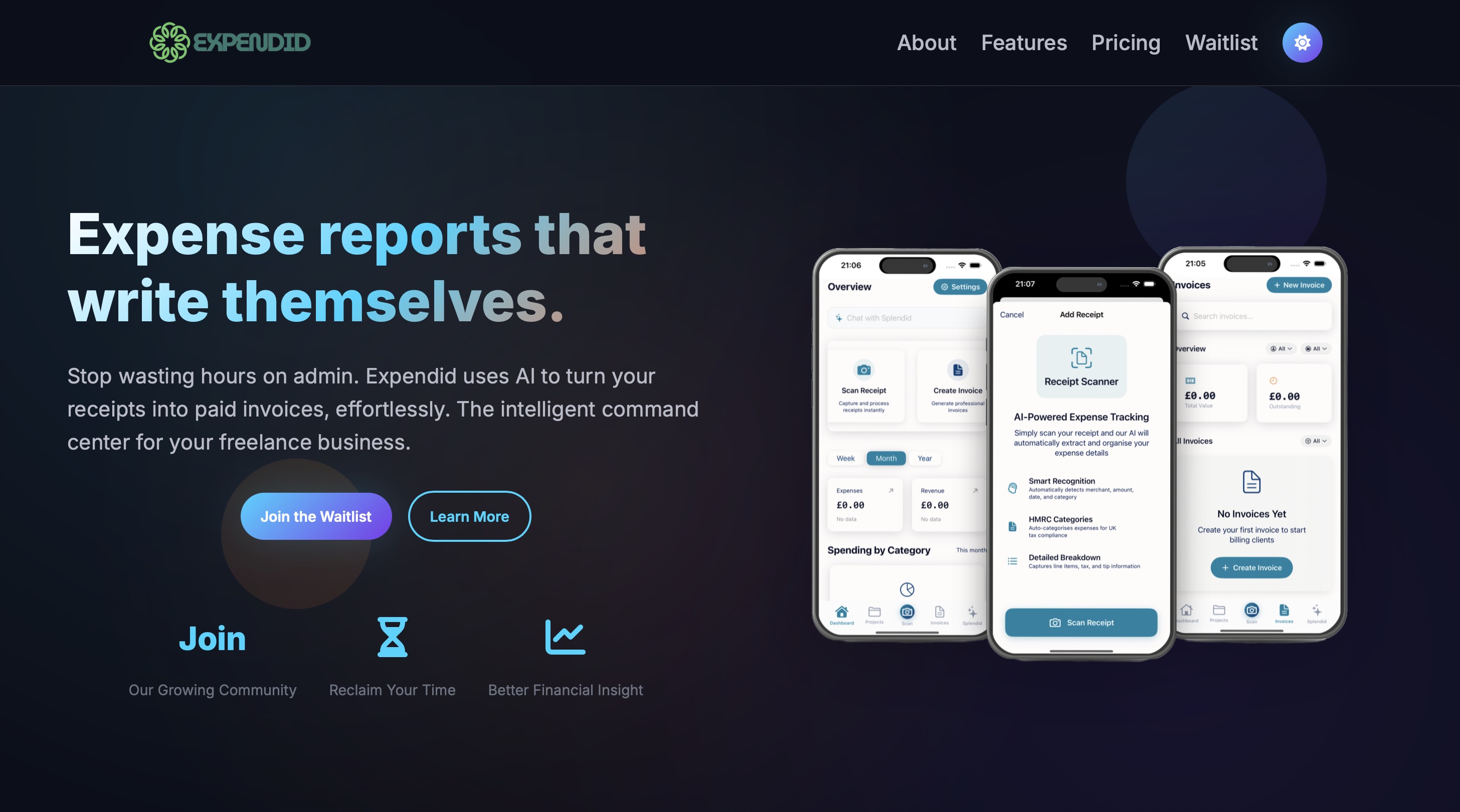 Expendid dashboard — dark theme