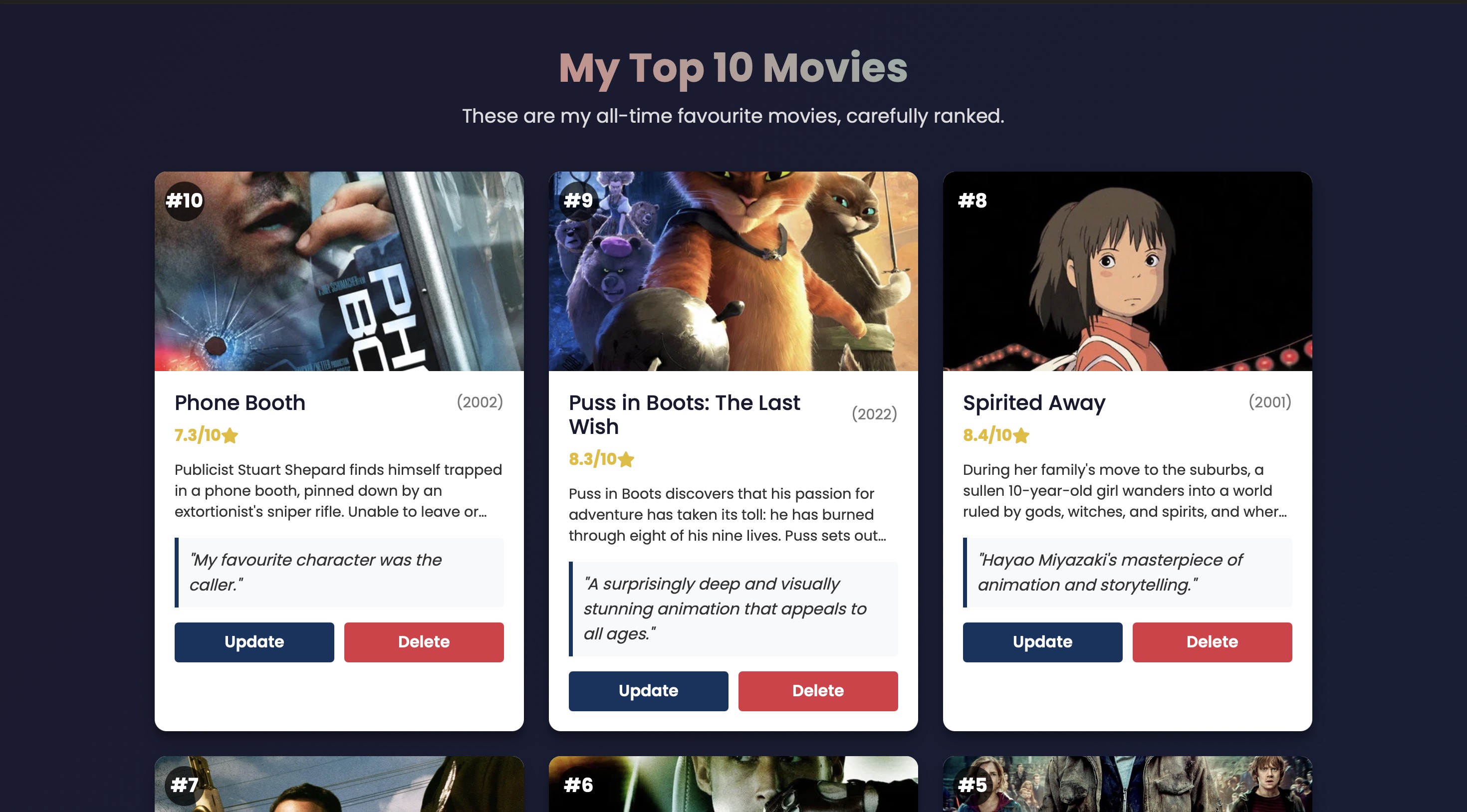 Movie ranking website homescreen